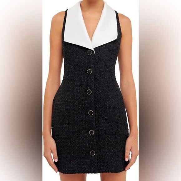 NWT Endless Rose Contrast Collar Tweed Mini Dress size medium women with pockets - Picture 1 of 16